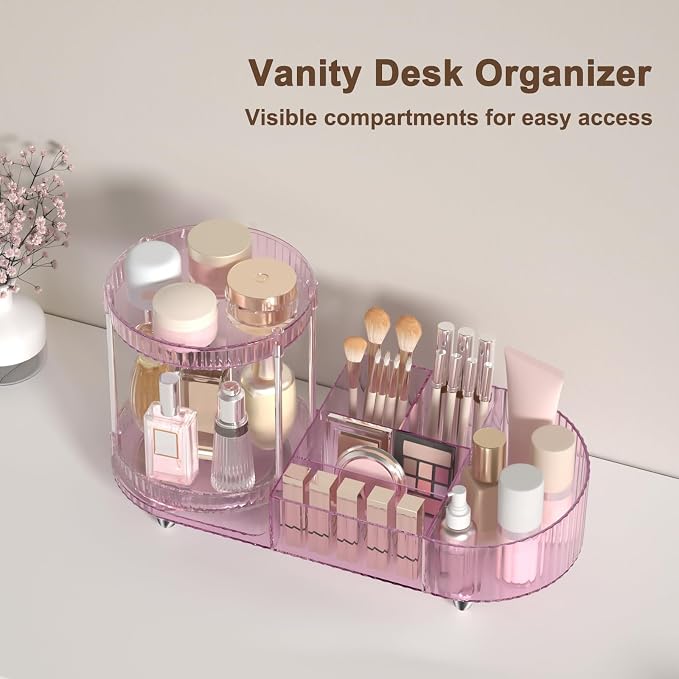 360 Rotating Vanity Makeup Organizer, 2 Small Trays & 5 Compartments for Cosmetics, Skincare, Perfume, Lipstick & Make up Brushes Holder, Dresser Countertop Organizers and Storage for Bathroom, Desk