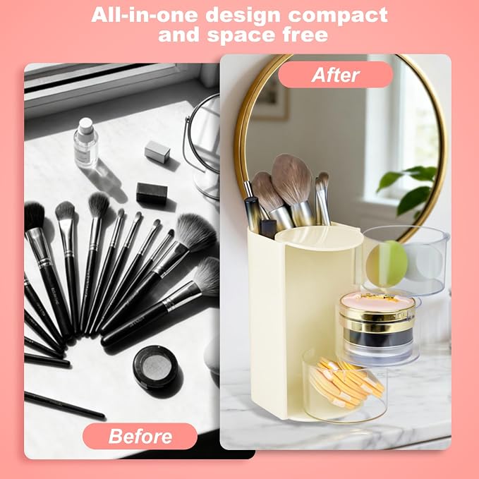 Hair Accessories Organizer with Hair Brush Holder, Rotatable Makeup Brush and Jewelry Storage Box for Hair Clips, Earrings, Necklaces, Bracelets, Rings, and Daily Accessories (Off White,3-Layer)