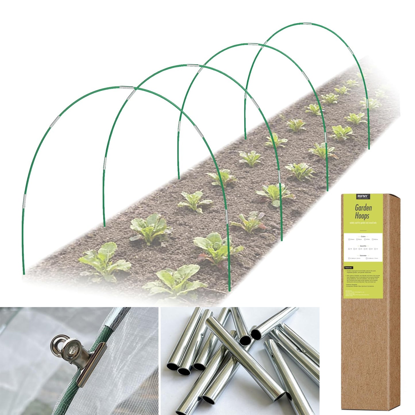 RIFNY 24 PCS Garden Hoops for Raised Beds, Greenhouse Hoops Kit Long Grow Tunnel for Row Cover, Rust-Free Fiberglass Garden Support Poles for Insect Mesh Netting Freeze Plant Cover (Green)