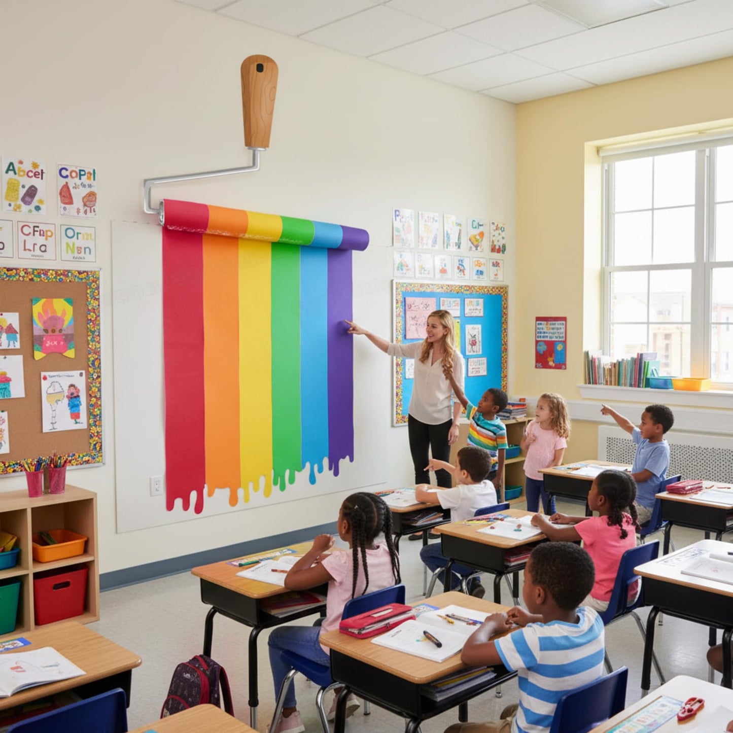 Eaasty 90 Inches 3D Art Painting Classroom Wall Decor Rainbow Paint Party Bulletin Board Decorations Set DIY Paint Brush Cutout Rainbow EVA Back to School Decoration for First Day of School Chalkboard