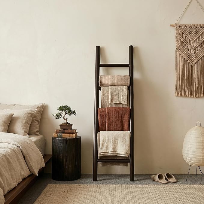 Wooden Blanket Ladder - 57in Natural & Motley Wood - Leaning Wall Decor for Bedroom, Bathroom, Living Room - Rustic Quilt Holder & Towel Rack (Dark Walnut, 57in | Fully Assembled)