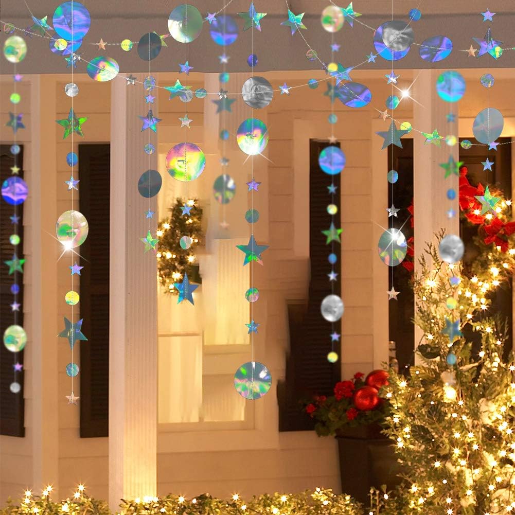 Cheerland Iridescent Party Decorations Holographic Star Garland Hanging Stars Moon Streamer Galaxy Birthday Decoration Ramadan Eid Banner Baby Shower Backdrop Space Alien Celestial Party Decor