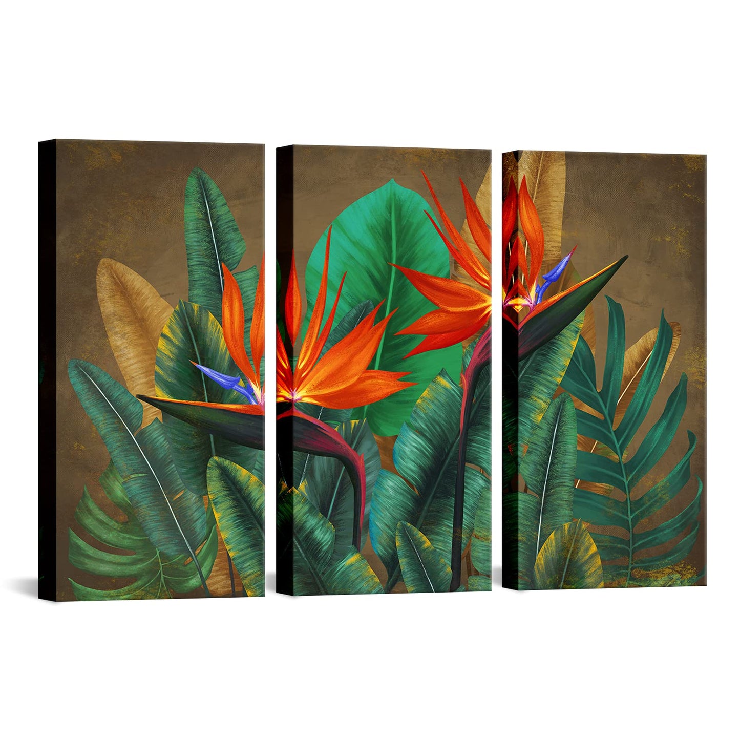 FuShvre 3 Pieces Tropical Flower Canvas Wall Art Bird of Paradise Pictures Paintings Hawaii Themed Green Palm Leaf Home Decor Framed