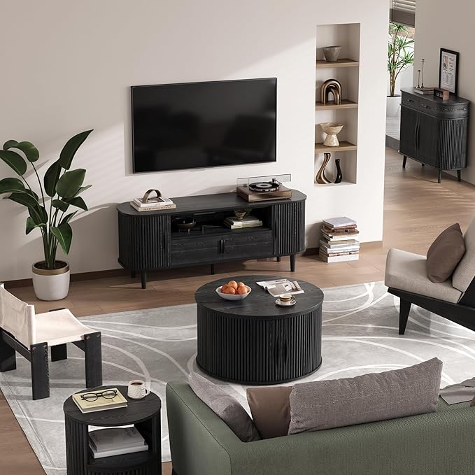 JOINICE 31.5" Black Round Lift Top Coffee Table, Modern Fluted Drum Center Table with Hidden Storage, Minimalist Circle Wood Desk for Living Room & Small Apartment