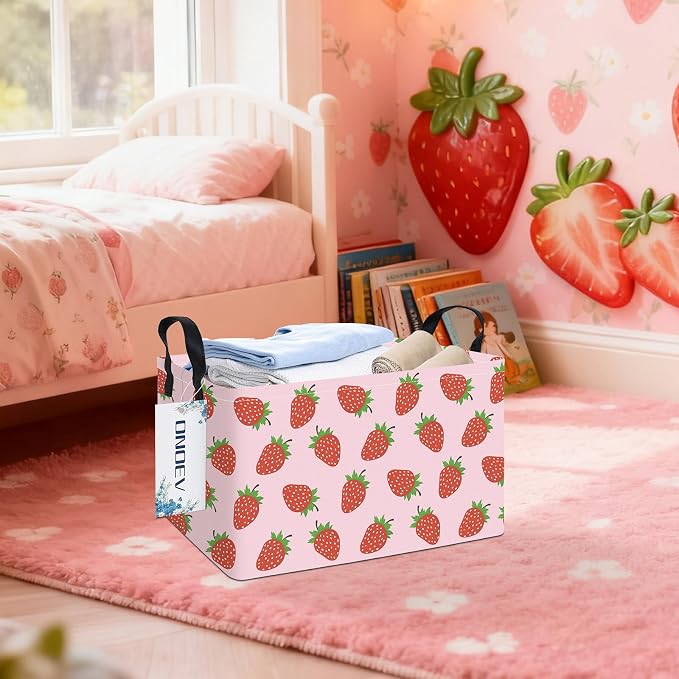 Rectangular Strawberry Pattern Storage Bin, Decorative Canvas Laundry Basket with Dual Handles, Foldable Household Toy Organizer, Multipurpose Party Gift Basket for Bedroom Dorm Closet
