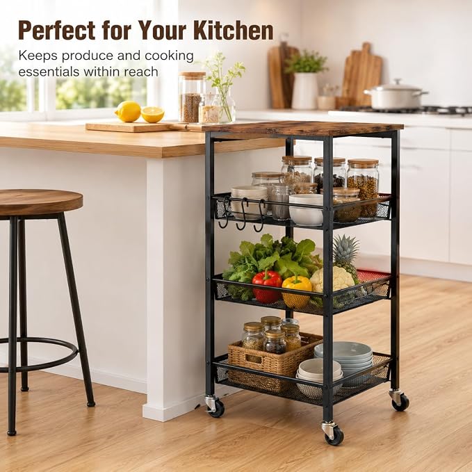 Homleke 4-Tier Rolling Kitchen Storage Cart, Utility Cart with Wooden Tabletop & Metal Baskets, Fruit Vegetable Basket for Kitchen, 3-S Hooks, Rustic Brown and Black