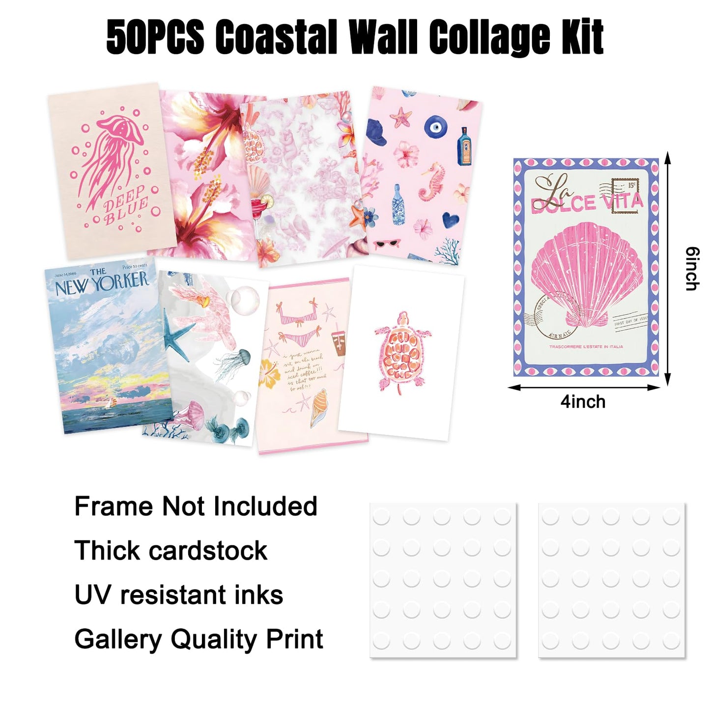 FYSUIMU 50Pcs Coastal Wall Collage Kit Pink Blue Coastal Beach Seashell Art Print Preppy Room Decor Aesthetic Pictures for Bedroom Wall Dorm Home Decor, 4 x 6 Inch