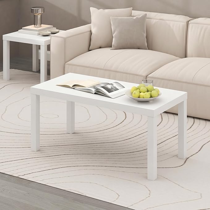 Furinno Classic Coffee Table, Modern Rectangle Coffee Table with 1.8 Inch Thick Tabletop, Side Table for Living Room, Home Office, Plain White