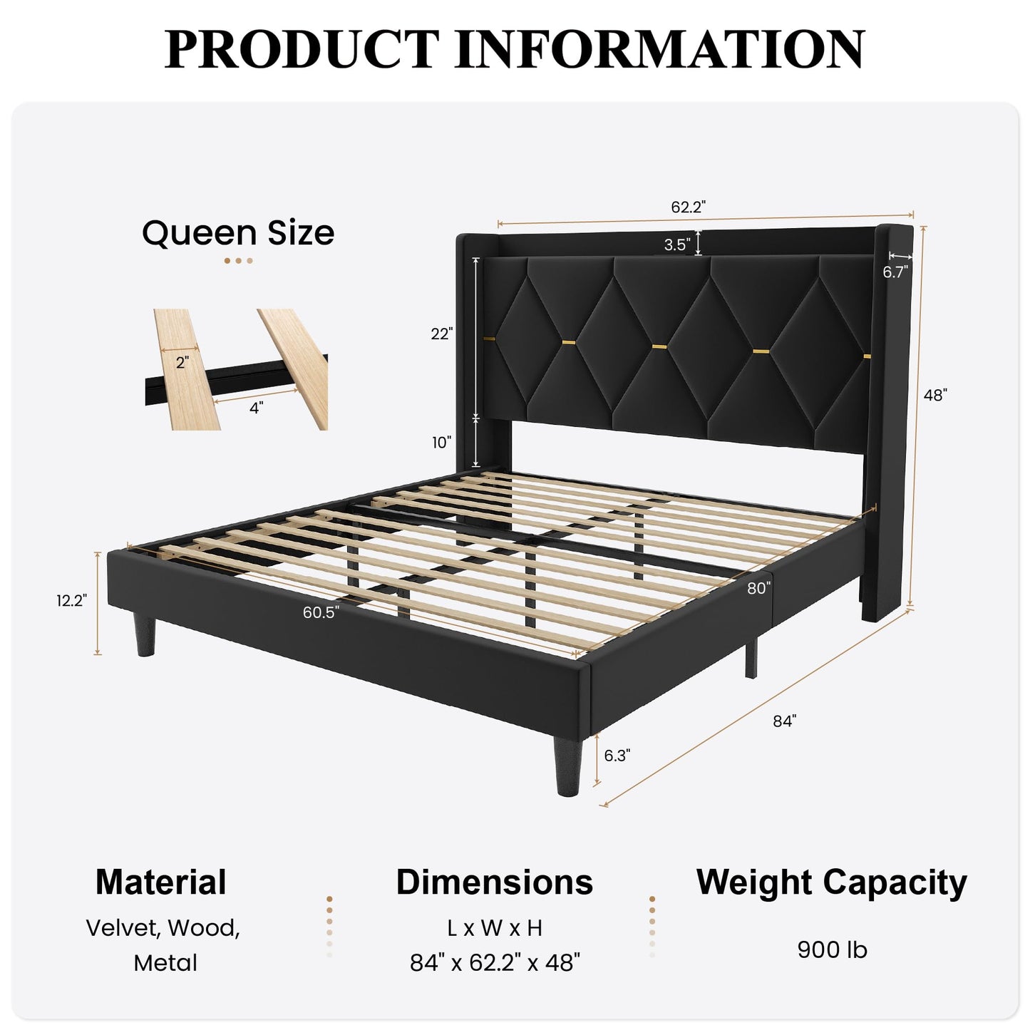 SHA CERLIN Queen Velvet Upholstered Bed Frame with Charging Station, Modern Wingback Storage Headboard, Diamond Stitched & Gold Trim, No Box Spring Needed, Easy Assembly, Black