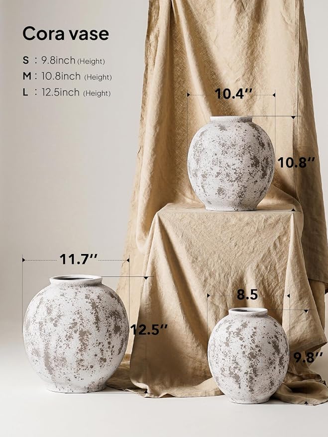 Large White Ceramic Vase - 9.8 Inch Rustic Farmhouse Flower Vase for Home Decor, Minimalist Tall Vases for Living Room, Table, Bathroom, Holiday & Weddings (Sandstone Grey)