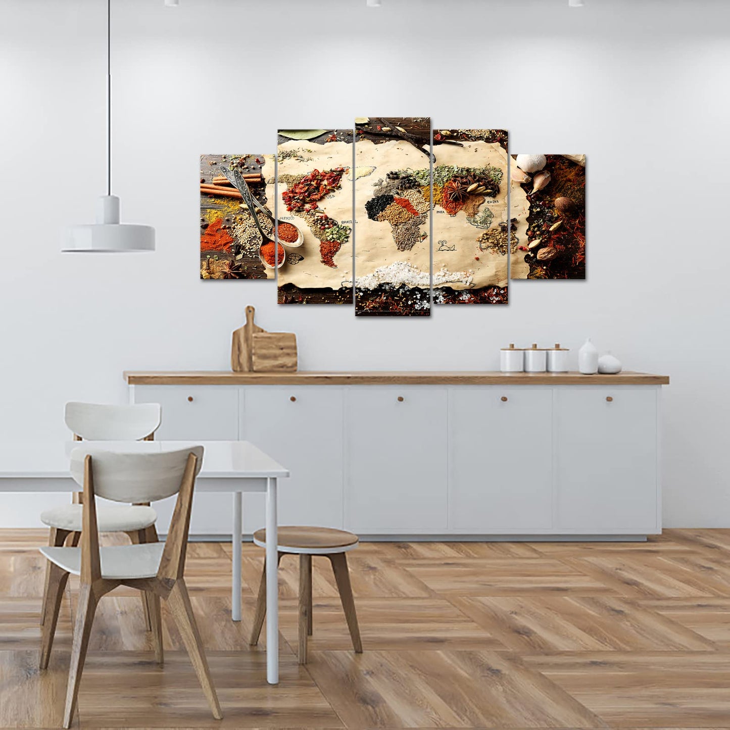 Large 5 Panel Map of World Made from Spices on Wooden Canvas Art Wall Art Kitchen Pictures Modern Wall Decor Gallery Canvas Wraps Giclee Print Stretched and Framed Ready to Hang 60''Wx32''H (Large)