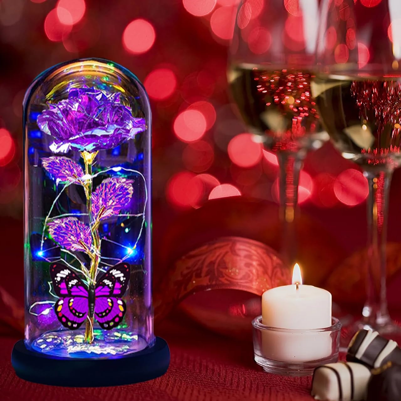 Thrjia Mothers Day Roses Flowers Gifts for Mom Women Wife Her,Mother Day Rose Gifts for Mom Women,Light Up Rose in A Glass Dome Butterfly Birthday Presents Wife Grandma from Daughter Purple Rose