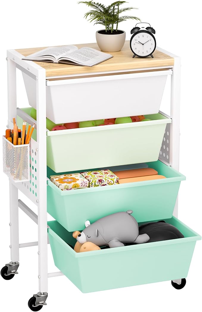 Rolling Cart with Drawers, Rolling Storage Cart with Large Plastic Drawers & Wooden Tabletop, Utility Cart with Pegboards & Basket, Storage Drawers Cart for Living Room, Classroom, Bedroom, Office