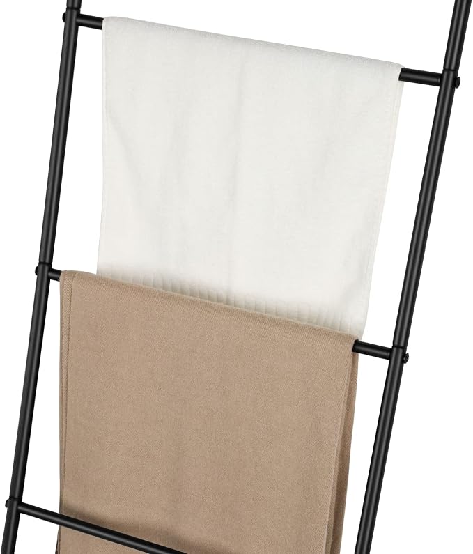 Towel Blanket Ladder Black Metal Blanket Ladder Holder Industrial 5 Tier Wall Leaning Ladder Rack for Bathroom Living Room Laundry Room (Matte Black)