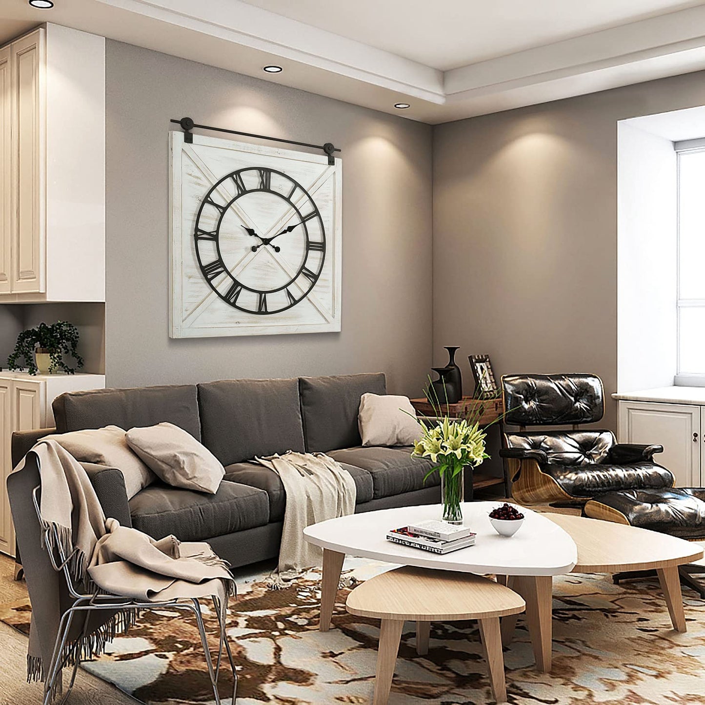 FLORA Large Farmhouse Wall Clock,Rustic Barn Door Wall Clocks for Living Room Decor, Battery Operated 29.5" H x 27" W, Whitewash