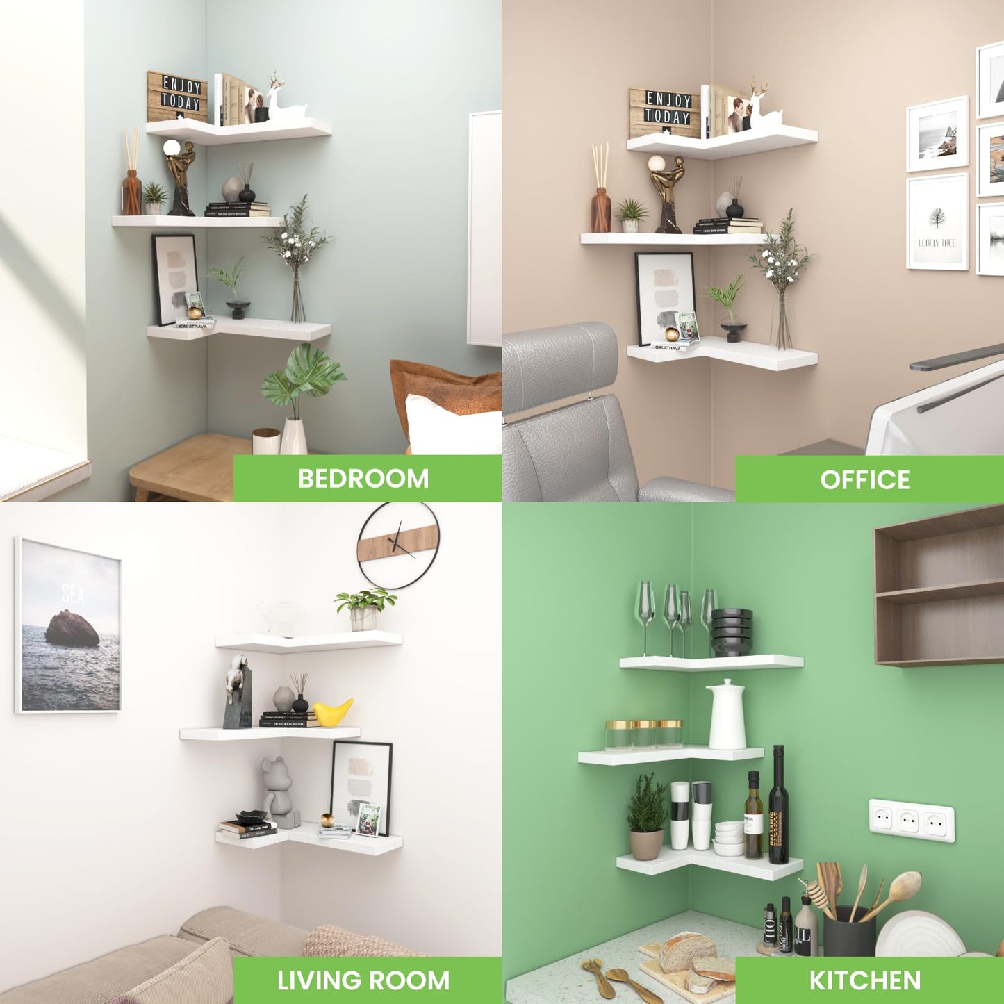 NATURE'S SOURCE Floating Corner Shelves with Invisible Brackets Set of 3, Corner Shelves Wall Mounted, for Home Bedroom Bathroom Kitchen Living Room Office- 16.1" x 11.5" (Pure White)