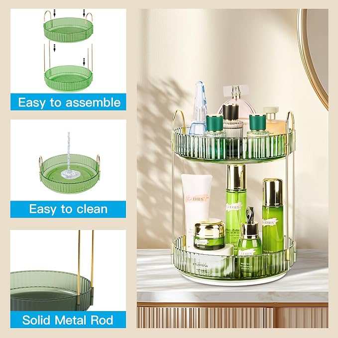 360 Rotating Makeup Organizer, 2 Tier Lazy Susan Bathroom Counter Organizer, Skincare Organizers, Spinning Perfume Organizer & Vanity Organizer Countertop (Gem Green, 2 Tier)