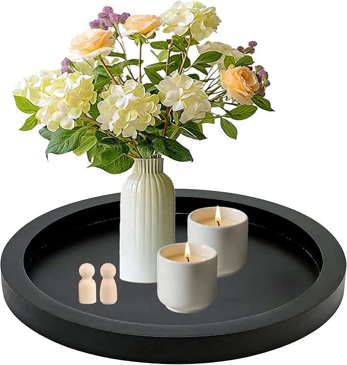 11 Inches Round Wooden Tray Decor,Black Decorative Trays for Home Decor,Round Wood Tray for Coffee Table Candle Holder Vintage Table Farmhouse (Black)