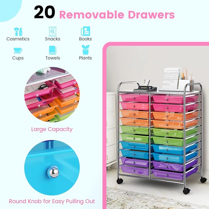 COSTWAY 20-Drawer Rolling Storage Cart, Utility Storage Organizer Cart for Tools, Scrapbook, Paper, Craft, Multipurpose Storage Trolley on Wheels for Home Office School (Rainbow)