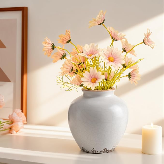 Ceramic Flower Vase Home Decor, 6.2 inch Farmhouse Rustic Vintage Decorative Vases, Pottery Terracotta Boho Flowers Vases for Dining Table, Living Room, Shelf, Kitchen, Bedroom (6.2"-Beige)