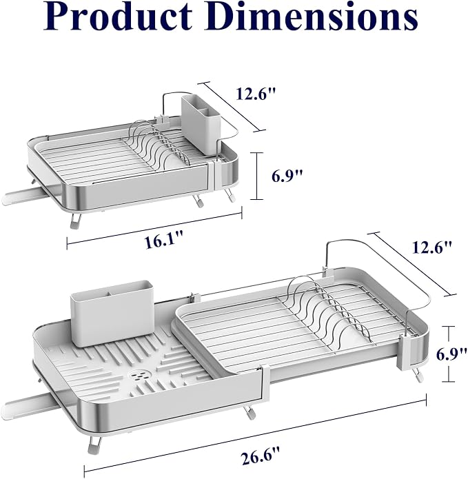 Kitsure Dish Drying Rack - Expandable Stainless Steel Dish Racks for Kitchen Counter, Auto-Drain Drying Rack for Kitchen with Cutlery Holder & Non-Slip Feet, 16.1-26.6" L x 12.6" W, White