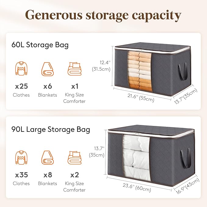 Lifewit 30 Pack 60L Clothes Storage Bins with Lids, Foldable Blanket Storage Bags with Zippers, Clear Window and Reinforced Handles, Closet and Organization for Clothing, Sweater, Comforter, Bedding