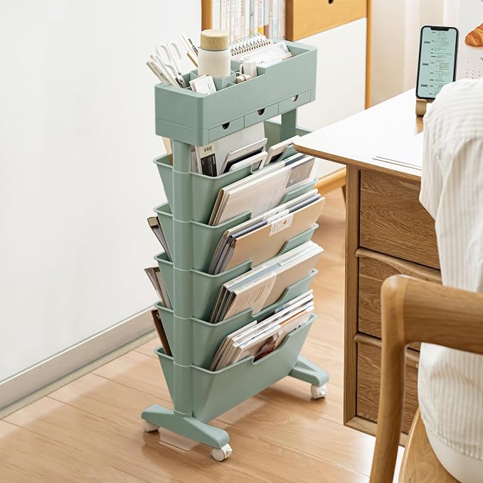 5 Tier Rolling Book Cart Multi-Functional Movable Storage Bookshelves with Lockable Wheels for Study Office Library Classroom, (Blue, with Wheel)