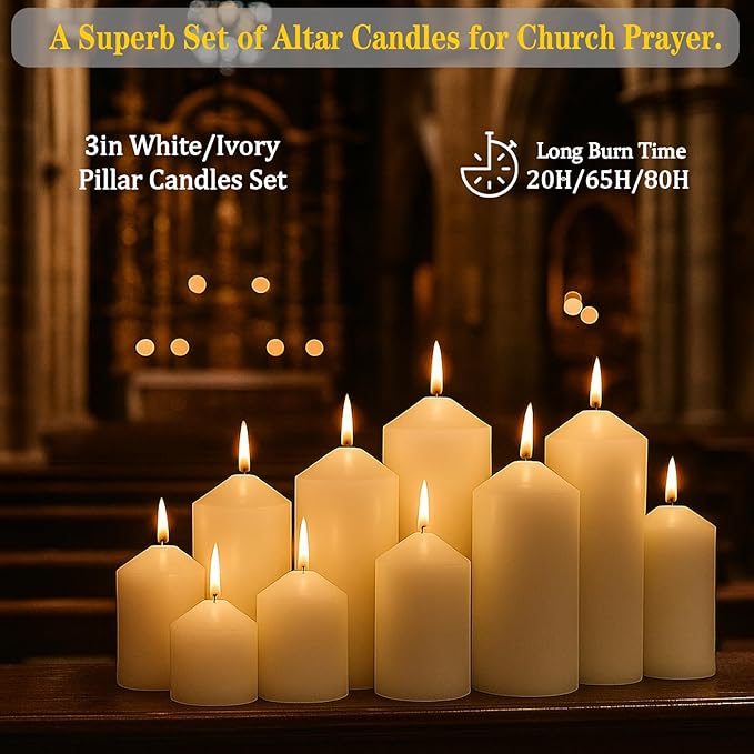 White Pillar Candles Bulk Set of 12,3 Different Lengths 3 x 3/6/8 Inch (4 Each),Hurricane Candles,Dripless Unscented Smokeless,Gives You a Better Atmosphere When Organizing an Event Party.