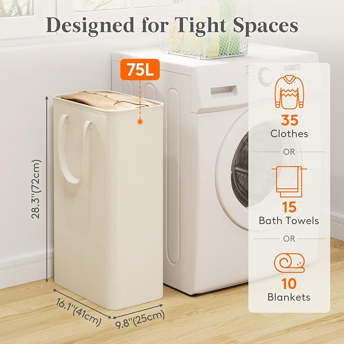 Lifewit Slim Laundry Hamper, Narrow Small Laundry Basket with Handle for Dirty Clothes, Collapsible Tall Thin Laundry Bin for Bathroom Bedroom Dorm College, 75L, White