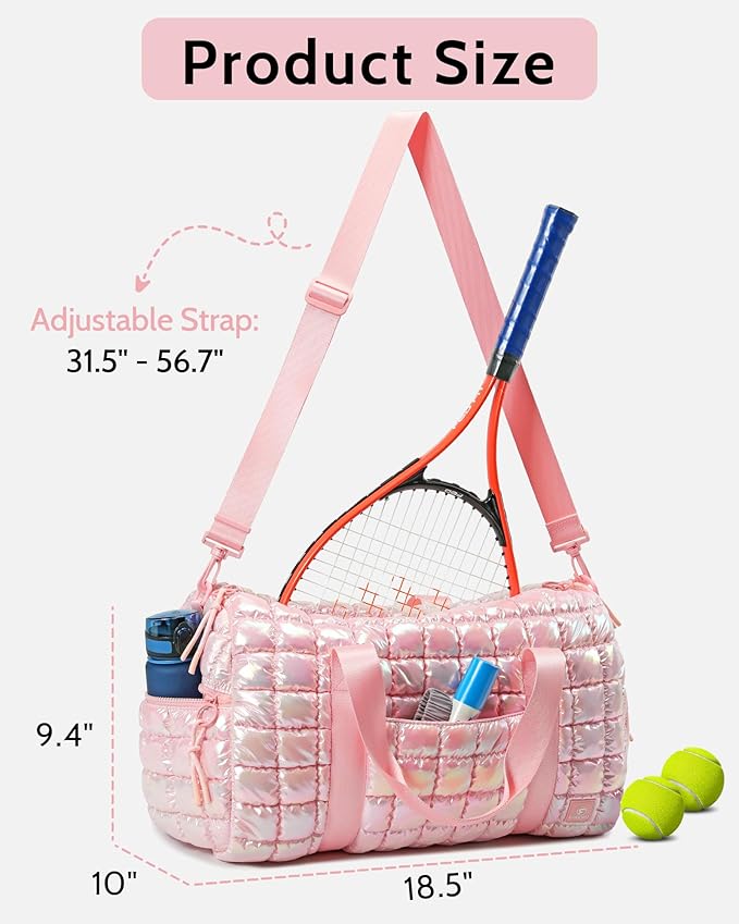 Quilted Duffel Bag for Women, Puffer Gym Duffle Bag with Shoe Compartment Lightweight Large Crossbody Sport Travel Bag Tote Pink Abalone