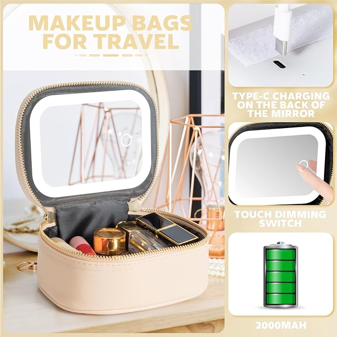 Mini Makeup Bag with Led Mirror,Small Travel Make up Bag 3 Light Modes Adjustable Brightness, for Women Organizer Cosmetic Bag, Portable Travel Train Toiletry Bag, for Pool Parties Work Touch-Ups