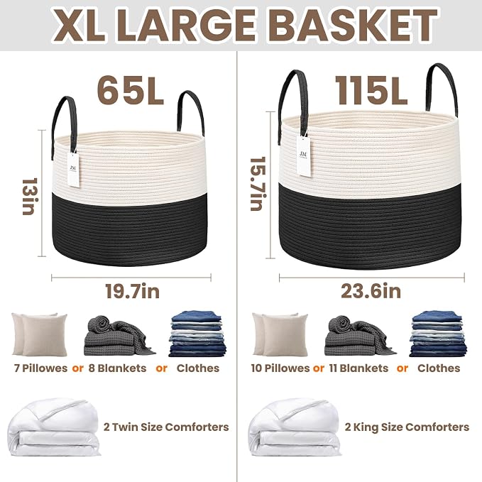 JMvicyroam 115L Extra Large Blanket Basket for Living Room - Woven Cotton Rope Laundry Hamper with Reinforced Handles - Storage Bin for Pillows, Comforters & Toys - Machine Washable,White&Black