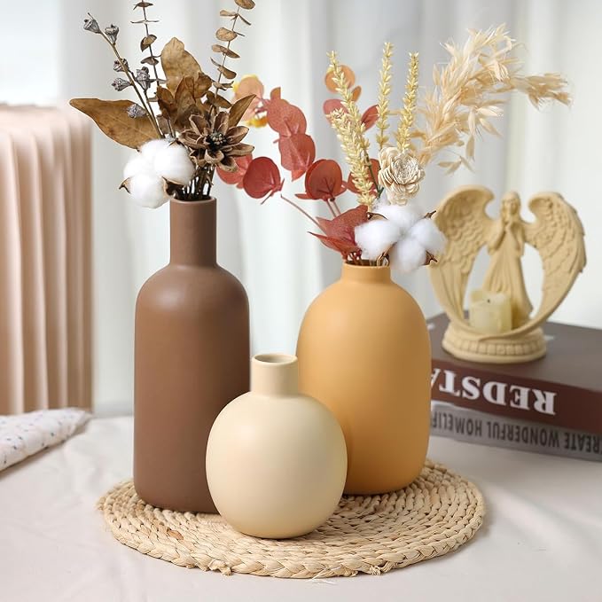 Ceramic Vase Set of 3, Brown Large Rustic Vases for Farmhouse Decor, Pampas Grass & Dried Flowers and Table Living Room Home Decor