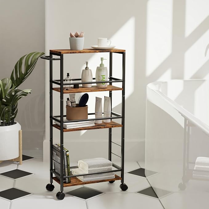 Slim Rolling Cart, 4-Tier Kitchen Storage Rolling Cart, Narrow Cart with Handle, Mobile Utility Cart for Small Space, Shelving Unit for Kitchen, Dining Room, Living Room, Home Office, Laundry Room