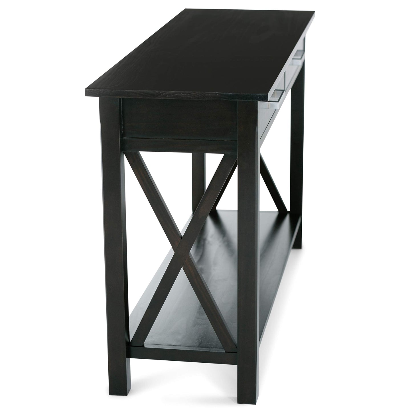 SIMPLIHOME Kitchener Console Table - 47 Inch Wide Solid Wood Sofa Table in Hickory Brown, Contemporary Storage Table for Entryway or Living Room with 2 Drawers, Bottom Shelf, and X-Design Side Panels