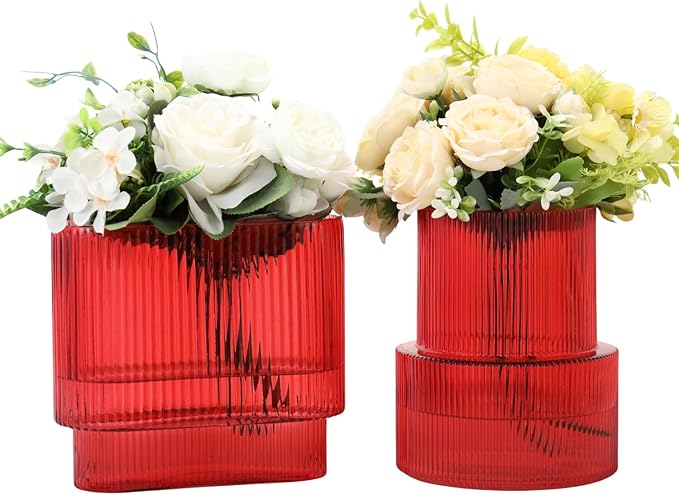 Red Glass Vases, Set of 2 Ribbed Vases for Flowers, Red Vase for Tulips, Modern Glass Vase for Living Room, Dining Table, Office, Entryway, Mantle, Bookshelf, Wedding Gifts