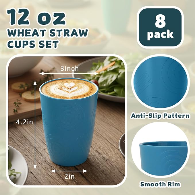 Wrova Wheat Straw Cups Set of 8, 12oz Kids Cups Unbreakable Drinking Cups Alternative to Plastic Cups Reusable, Dishwasher Safe Water Tumbler Set for Kitchen,Camping- Vibrant
