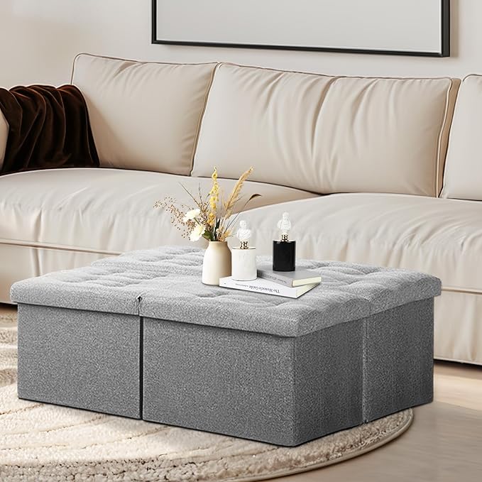 AmasSmile Storage Bench Folding Ottoman Foot Rest Stool, 34 inch Grey Linen Footstool, Short Ottoman Bench, Foot Rest Store as Books, and Blanket Storage or Others