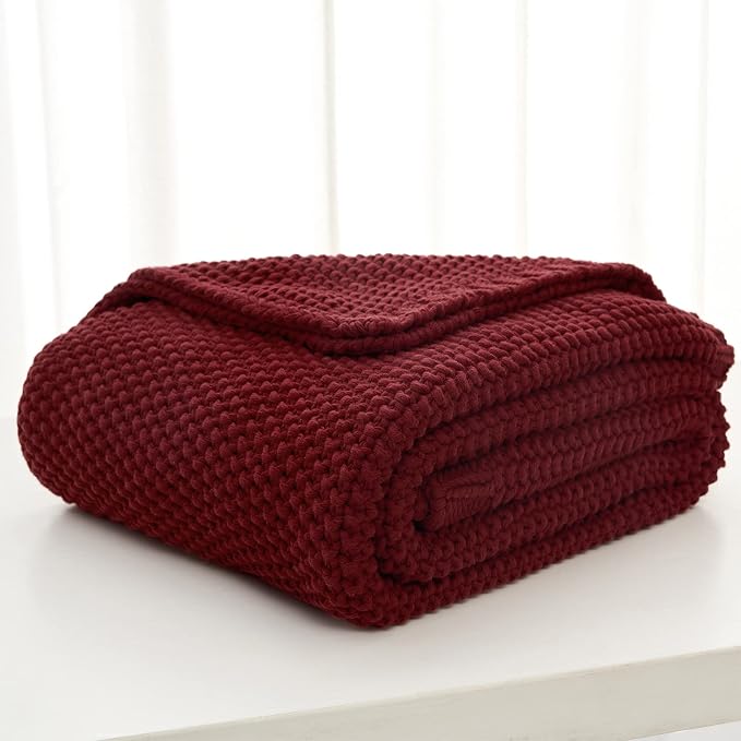 Longhui bedding Chunky Cable Knit Throw Blanket Lightweight Wine red 100% Organic Cotton Blanket for Sofa Couch Bed Baby Nursery, Rustic Shabby Chic Modern Farmhouse, 60” x 80” Give Laundering Bag