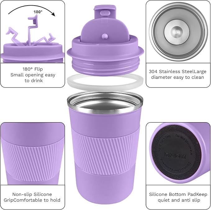 YINBAOGE Insulated Travel Coffee Mug, Spill & Leak Proof, Portable To Go Camping Stainless Steel Coffee Tumbler, Reusable Thermal Coffee Cup with Lid for Hot & Cold Drinks (Purple, 12 OZ)
