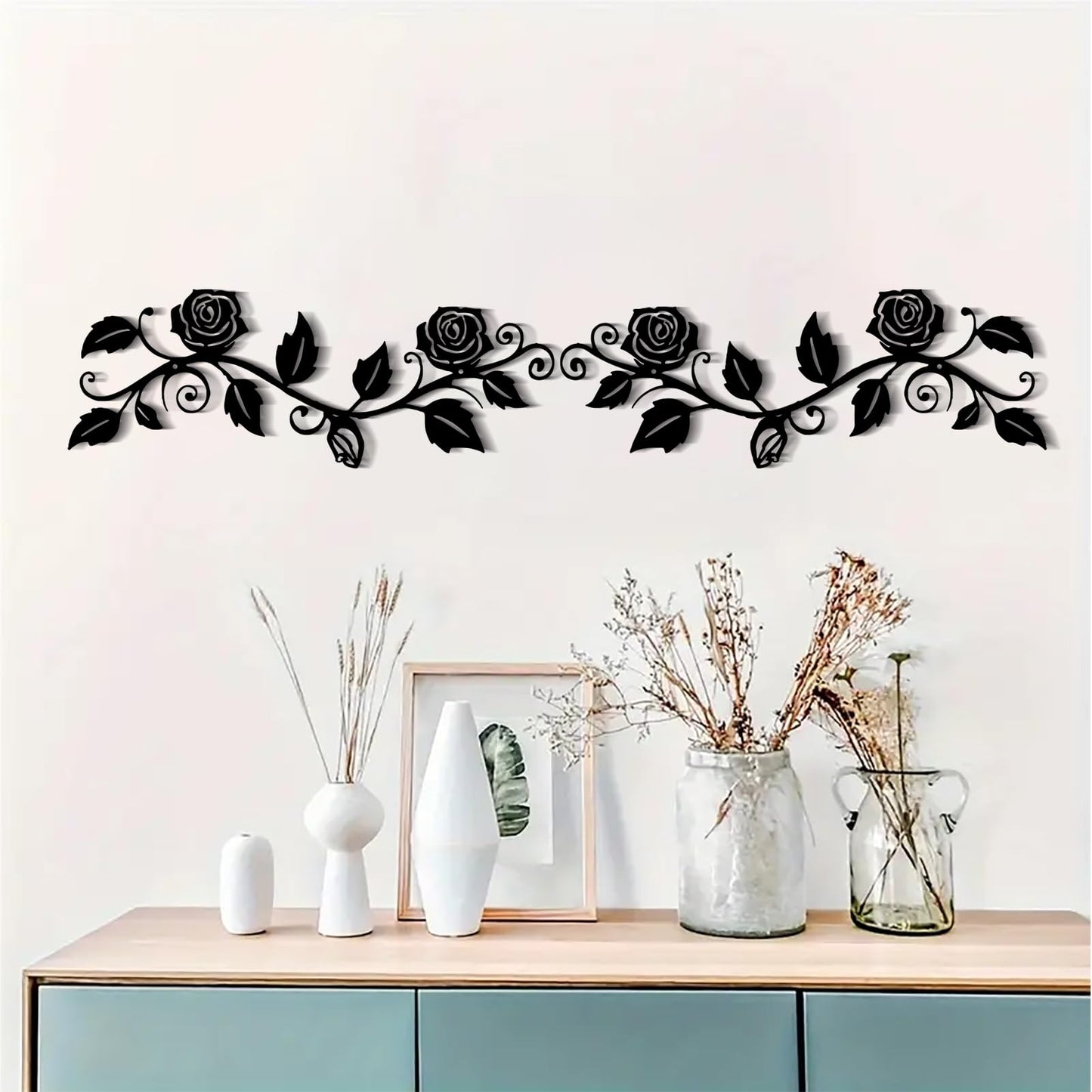 DUOOLN 2 Pcs Metal Rose Tree Leaf Wall Decor, Long Iron Scroll Vine Wall Art Above, Rustic Hanging Sign Flowers Sculpture, For Above Door Living Room Office Indoor And Outdoor Decoration - Black