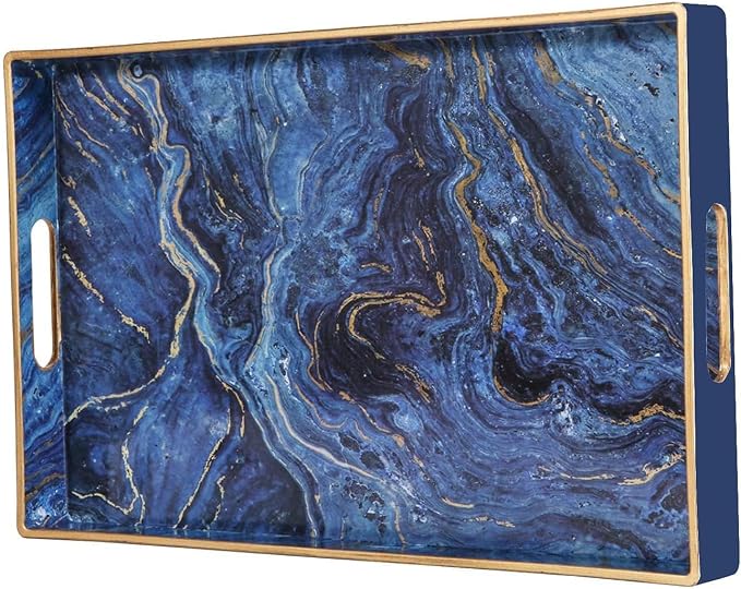 Plastic Serving and Decorative Tray with Handles for Ottoman, Coffee Table, Bathroom Vanity, Blue Marble Rectangular Tray for Countertop and Kitchen, 15.6 x 10.2 Inches