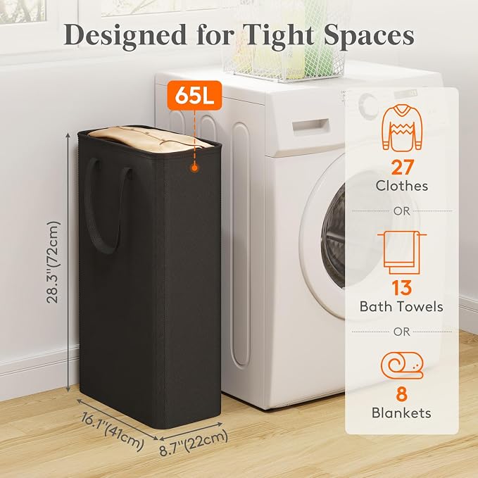Lifewit Slim Laundry Hamper, Narrow Small Laundry Basket with Handle for Dirty Clothes, Collapsible Tall Thin Laundry Bin for Bathroom Bedroom Dorm College, 65L, Black