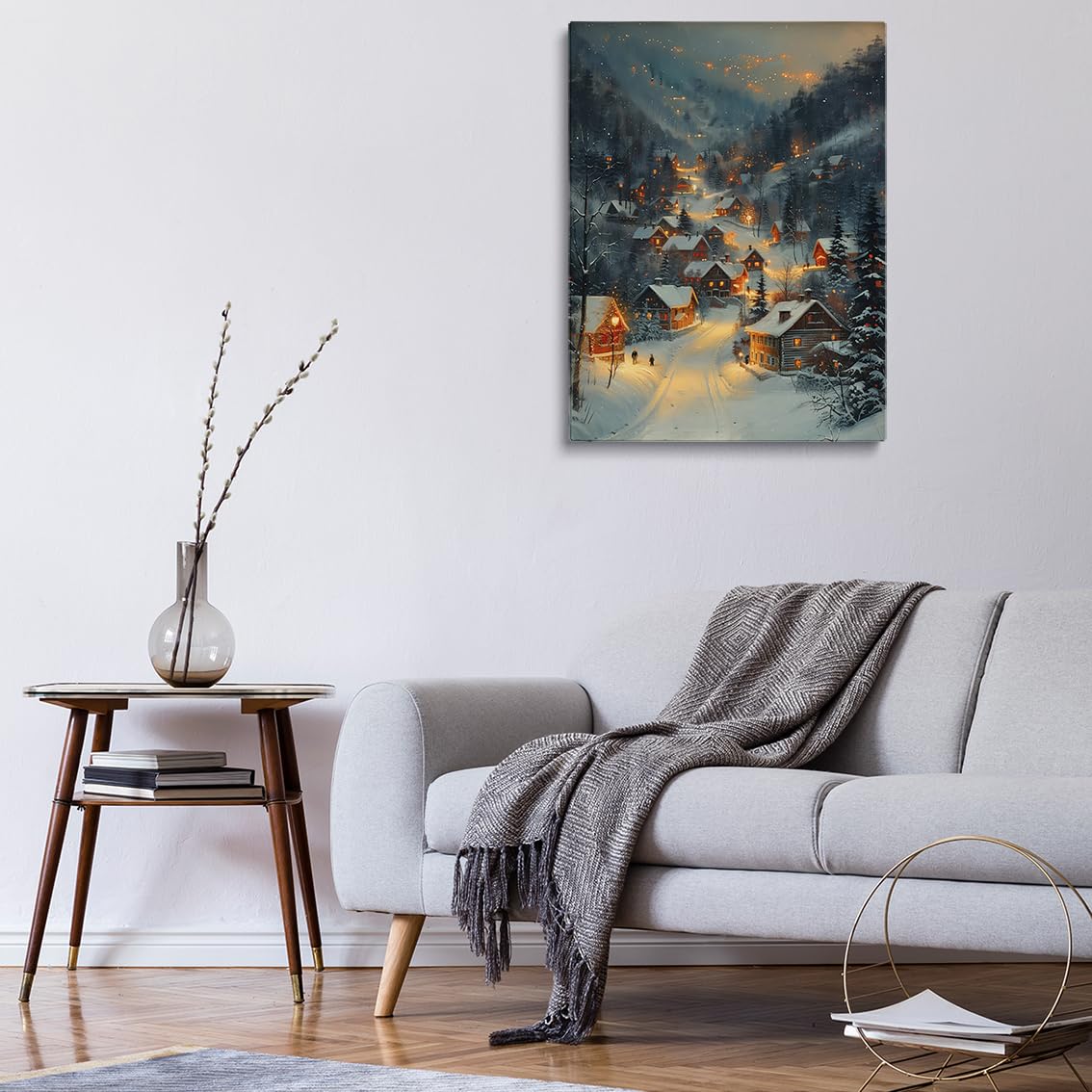 Winter village Wall Art enchanting snow covered town houses cozy sene night wall art Christmas decor 11x14"Unframed