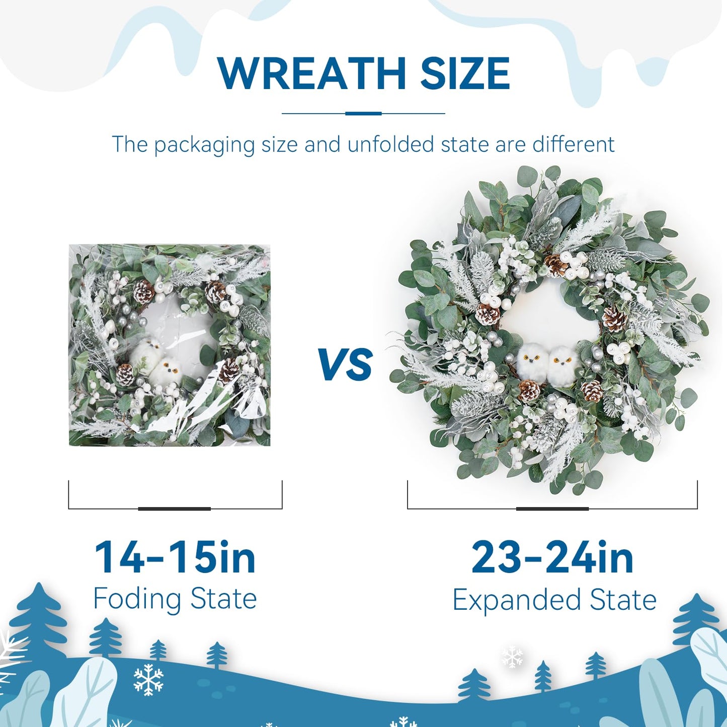 Winter Wreath for Front Door, 24 Inch Christmas Wreath with Owl Decor, Pine Cones, and Evergreen Greenery, Festive Winter Door Decor, Artificial Holiday Farmhouse Rustic Wreath