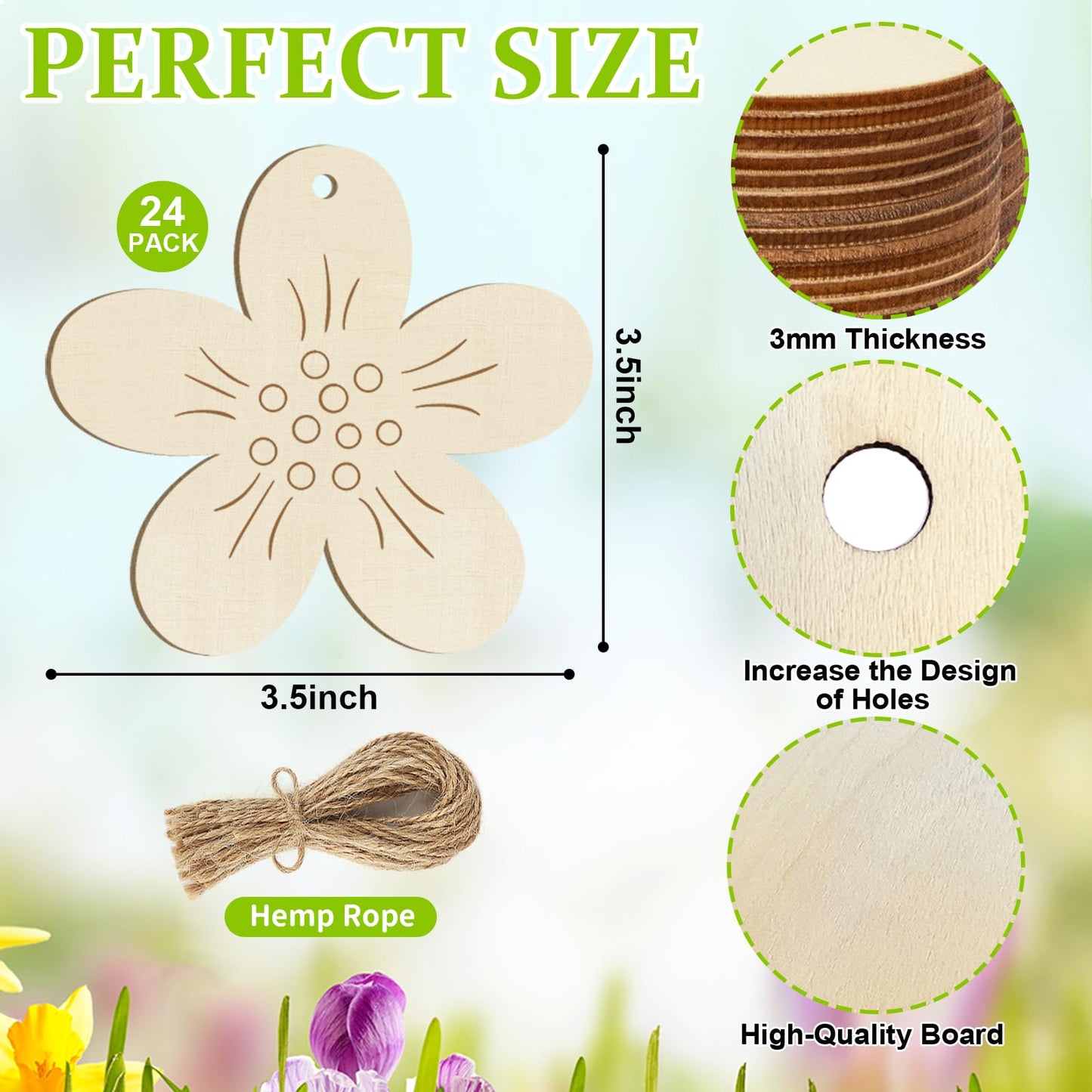Wooden Flower Ornaments to Paint Easter Spring Decoration Cutouts Unfinished 24PCS 3.5 x 3 inches, DIY Blank Unfinished Christmas Tree Wood Discs Ornament for Home Crafts Hanging