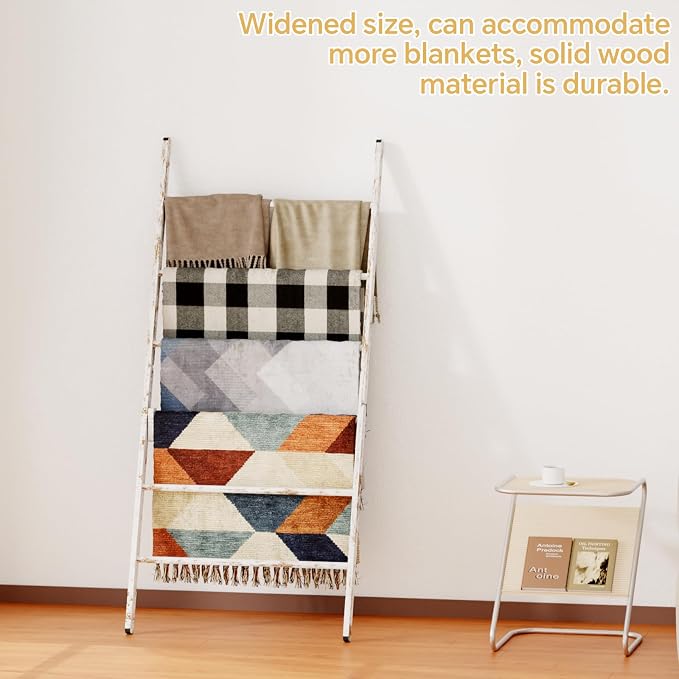 Delywh 6-Tier Wide Double Blanket Ladder Wood, Rustic Decorative Towel Rack for Big Blanket, Towel, Quilt, Clothes - Freestanding Blanket Holder Towel Ladder Decor Stand for Living Room, Bedroom