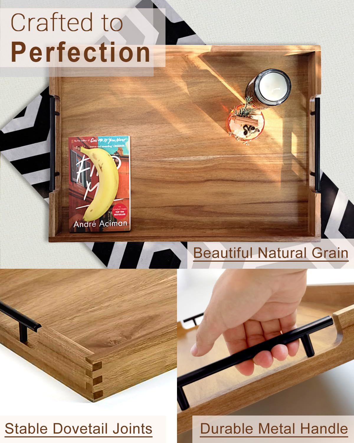 OurMiao 22 Inches Acacia Wood Serving Tray with Metal Handles, Large Wooden Rectangle Ottoman Tray, Decorative and Durable Design for Living Room Coffee Table Couch Kitchen