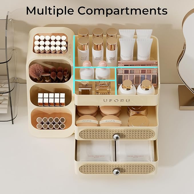 UFORU Makeup Organizer for Vanity with Brush Holder, Large Capacity Bathroom Countertop Skincare Organizer with 2 Drawers, Cosmetic Display Case for Perfumes, Eyeshadow Palettes, Nail Polishes