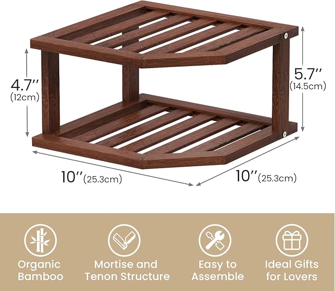 VERTORGAN Bamboo Corner Shelf(2 Pack),2 Tier Plate Organizer for Cabinet and Countertop,Pantry Dish and Spice Rack for Kitchen（Brown）